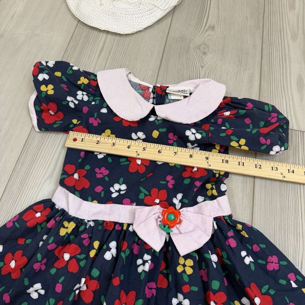 Vintage Baby Girl Baby Togs 3T Navy Floral Dress With Hat READ - Picture 7 of 11